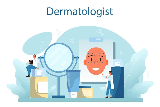 Concetto di dermatologo specialista in dermatologia per il trattamento della pelle del viso o dell'acne idea di bellezza e salute schema dell'epidermide della pelle illustrazione vettoriale in stile cartone animato