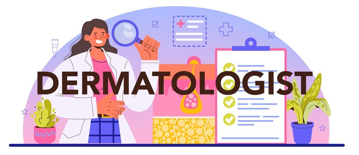 Vector dermatologist typographic header. dermatology, skin care specialist. acne and eczema treatment. epidermis scheme. vector illustration in flat style