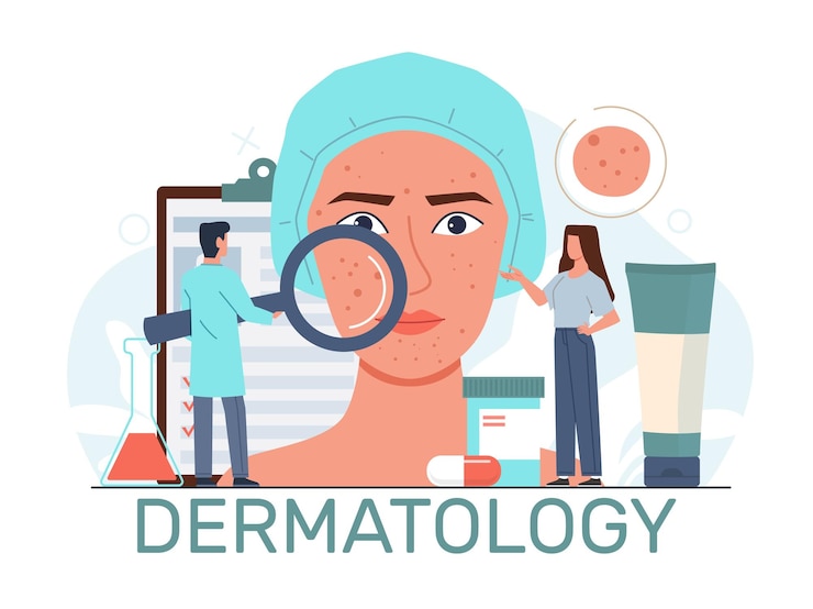 Vector dermatology specialist helps patient with skin problems doctor with magnifying glass acne and pimples on woman face skincare in clinic cartoon flat style isolated vector concept