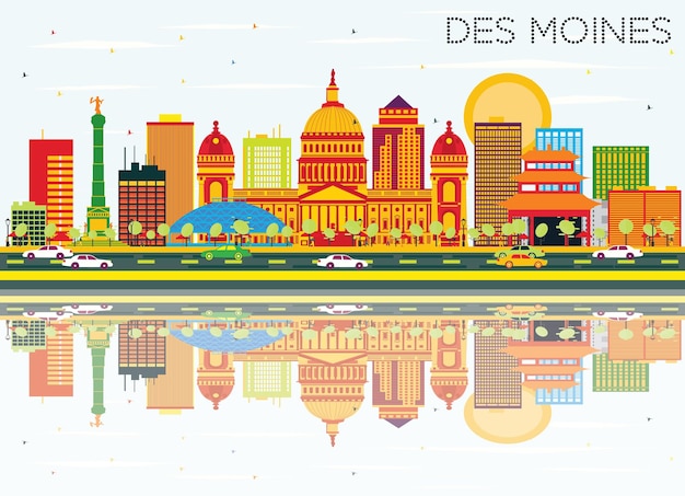 Des moines skyline with color buildings, blue sky and reflections. vector illustration. business travel and tourism concept. image for presentation banner placard and web site.