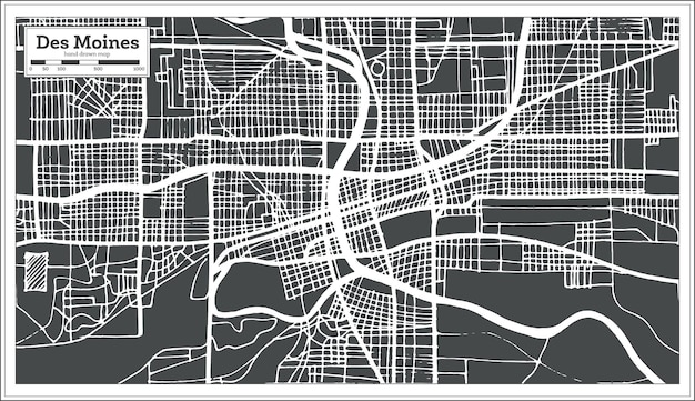 Des Moines USA stadsplattegrond in retro stijl. Overzicht kaart. Vectorillustratie.