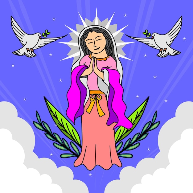 Desain fiesta de la virgen dengan karakter sederhana dan imut ilustrasi vector