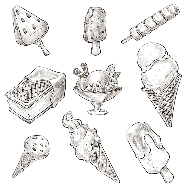 Desert assortment, ice cream types monochrome sketch outline