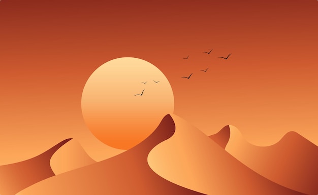 Desert background with flock of birds flying. Vector Illustration