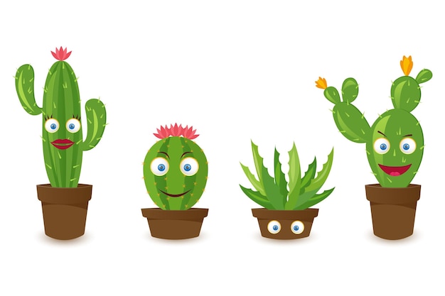 Set di banner del deserto mondo di cactus verde piatto in stile cartone animato illustrazione vettoriale isolata su bianco bac