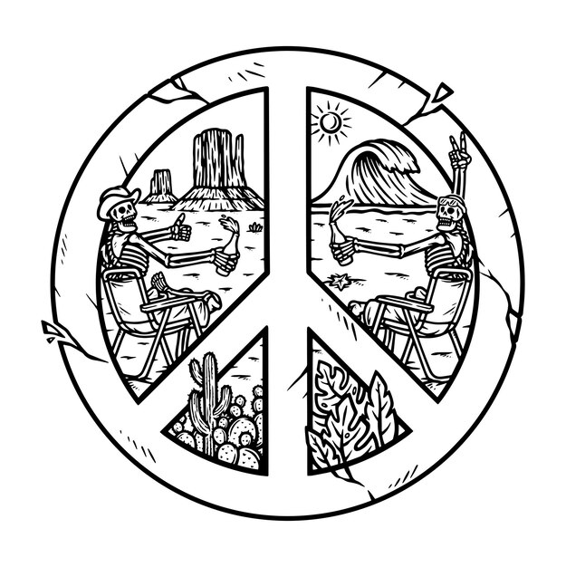 Desert and beach in peace symbols line illustration