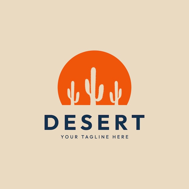 desert cactus logo vintage with sunset background vector illustration design