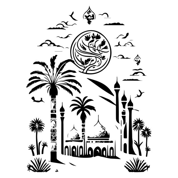 Desert camel mosque ramadan ornament palm tree illustration sketch hand draw
