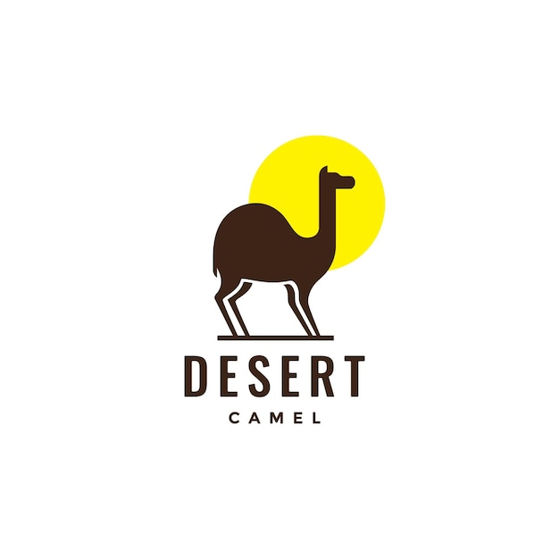 Desert camel with sunset minimalist silhouette logo design vector