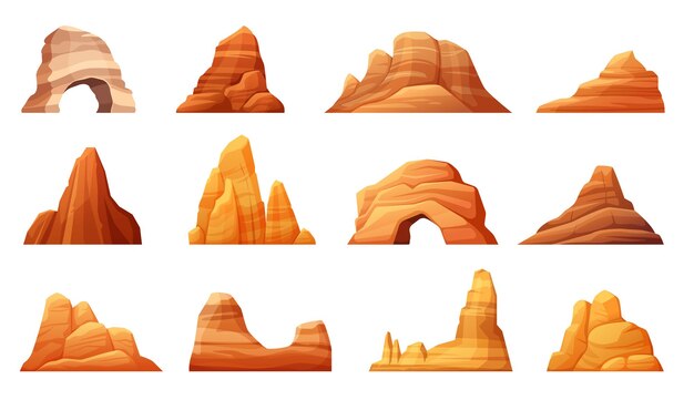 Desert cliffs brown cracked mountain pieces set minimalistic rocky canyon landscape elements