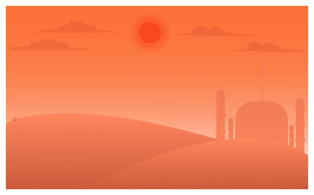 Desert evening with mosque and orange sky red sun background