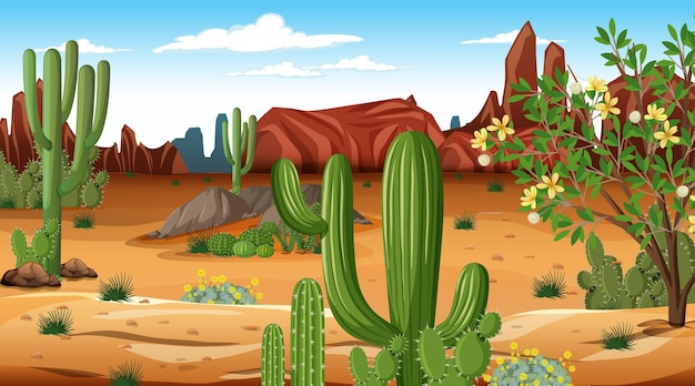 Vector desert forest landscape at daytime scene with many cactuses