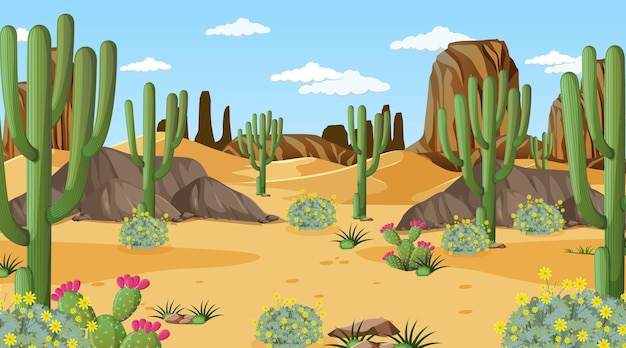 Vettore paesaggio della foresta del deserto alla scena diurna con molti cactus