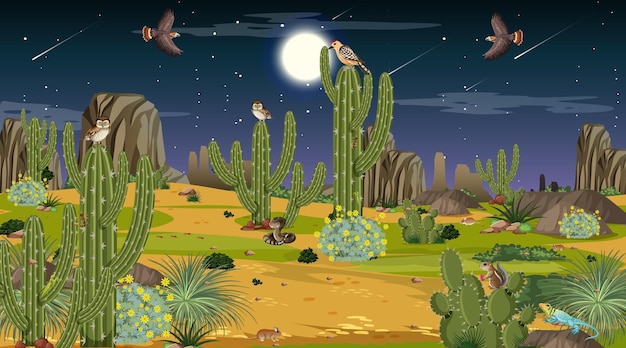 Desert forest landscape at night scene with desert animals and
plants