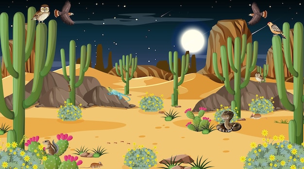 Vector desert forest landscape at night scene with desert animals and plants