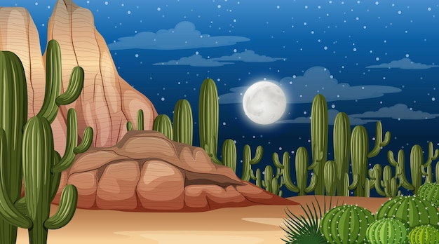 Paesaggio della foresta del deserto di notte con molti cactus