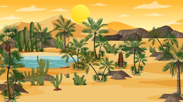 Vector desert forest landscape at sunset scene with oasis