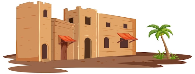desert fortress with lush palm tree