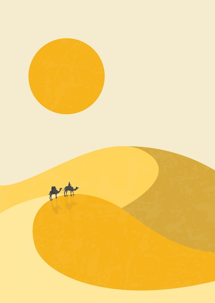 Desert landscape camels on dunes illustration