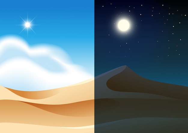 A desert landscape day and night time