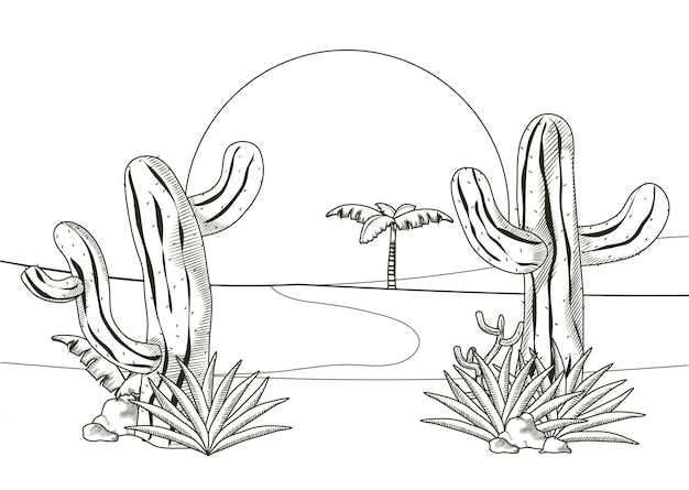 砂漠の風景の手描きの漫画