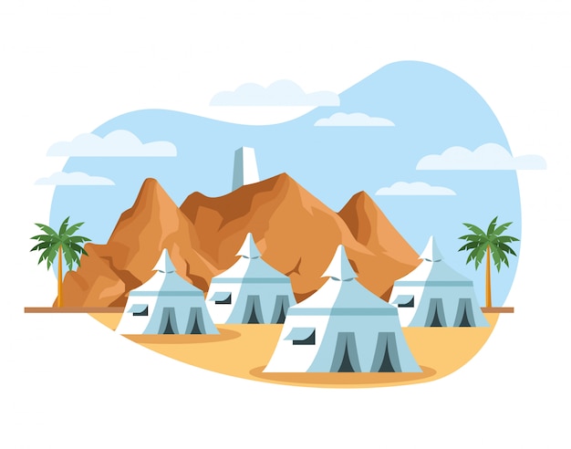 Desert landscape scene with tents vector illustration design