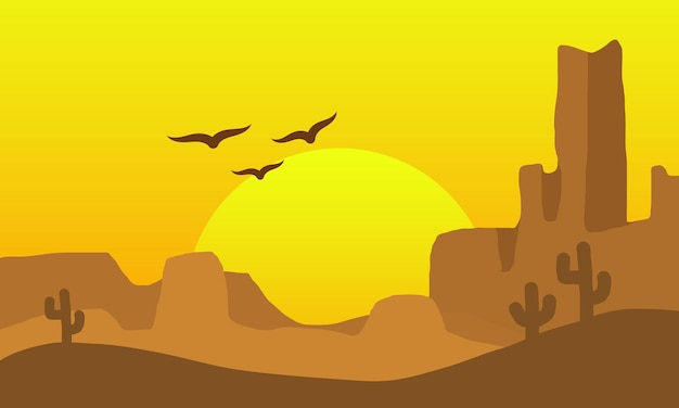 ベクトル 砂漠の風景とサボテンの丘鳥太陽と山のシルエット ベクトル イラスト
