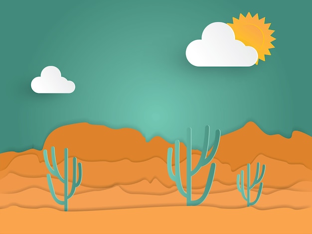 Desert Landscape with cactus in paper art style