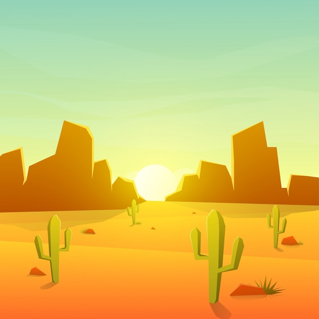 Desert landscape with cactus on the sunset