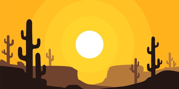 Vector desert landscape with cactus at sunset