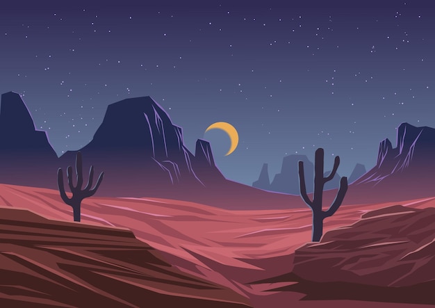 Vector desert landscape with cactuses and a moon at night.