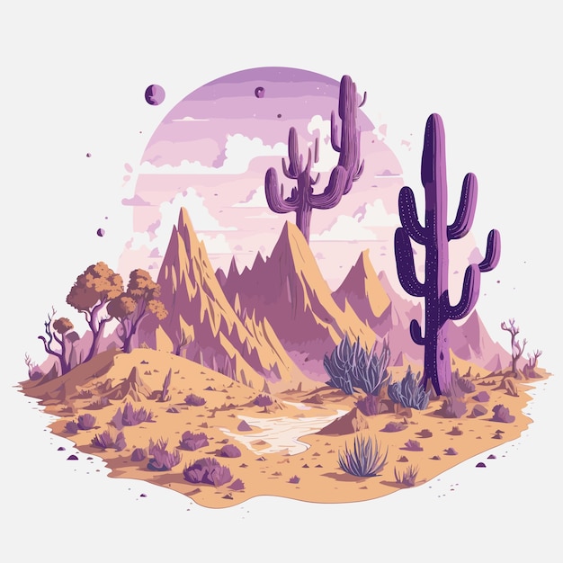 Desert landscape with cactuses and mountains Vector illustration