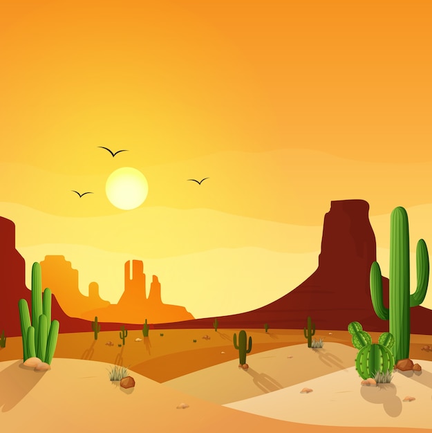 Vector desert landscape with cactuses on the sunset background