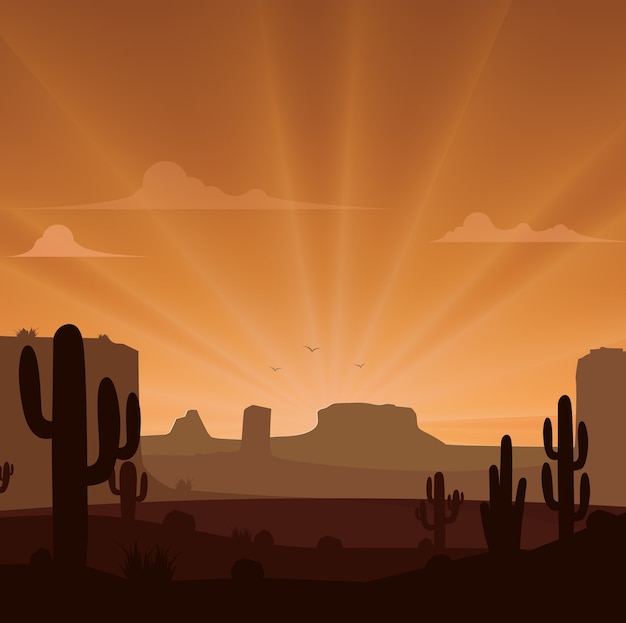 Vector desert landscape with cactuses on the sunset background