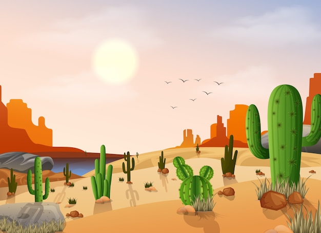 Paesaggio del deserto con cactus sullo sfondo sole