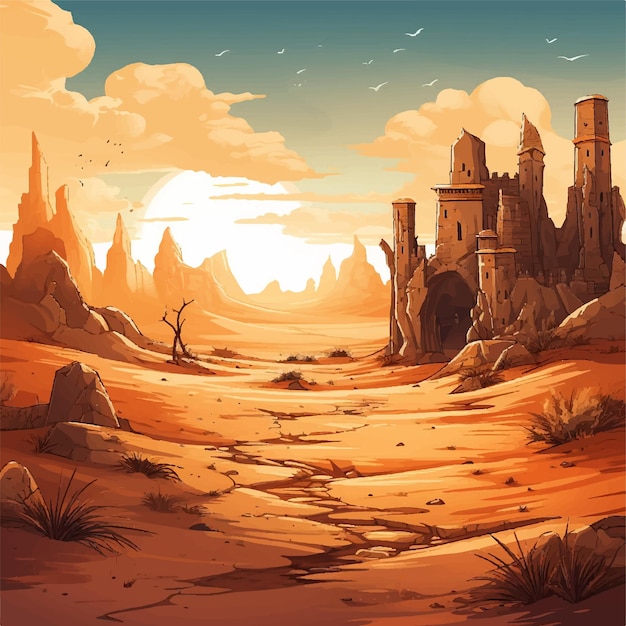 Vector a desert landscape with a castle and a path road game background