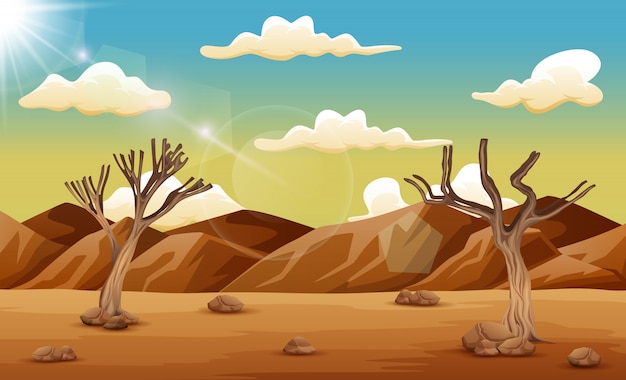 Vector desert landscape with dry tree and mountain