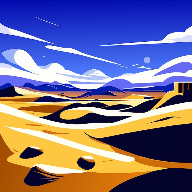 Vector desert landscape with golden sand dunes and stones under blue cloudy sky