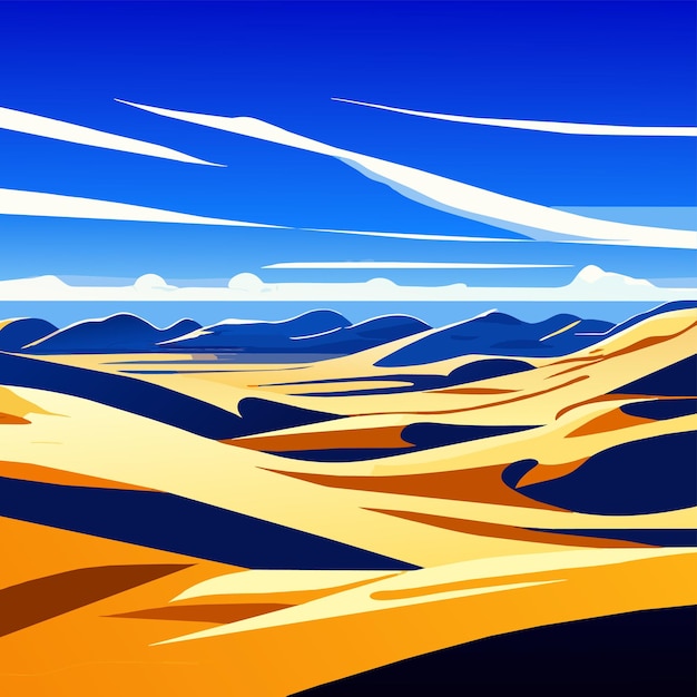 Vector desert landscape with golden sand dunes and stones under blue cloudy sky