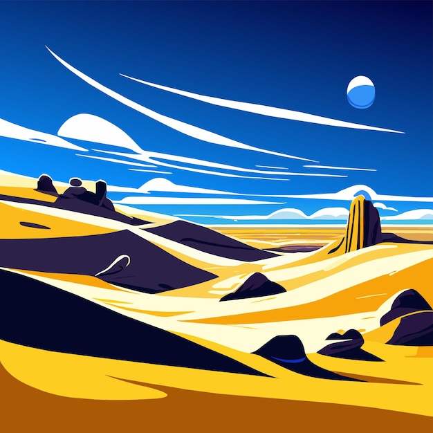 Vector desert landscape with golden sand dunes and stones under blue cloudy sky