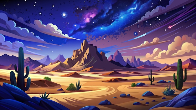 a desert landscape with mountains and stars in the sky