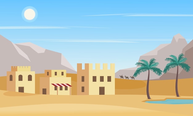 Desert landscape with oasis house and palm tree in day light Arab city in desert