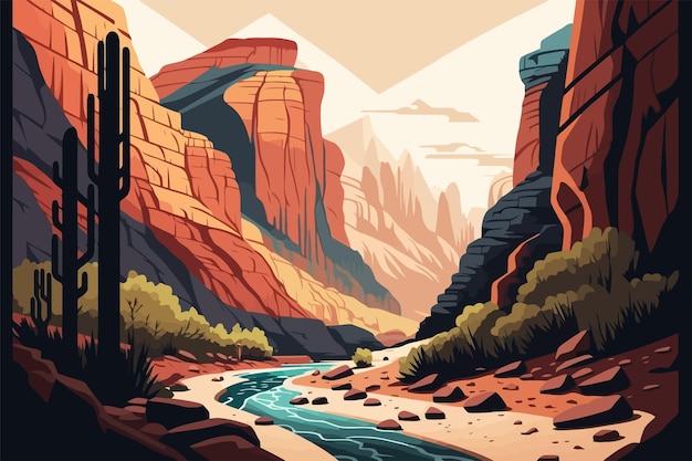 Desert landscape with a river mountains and cactuses Vector illustration