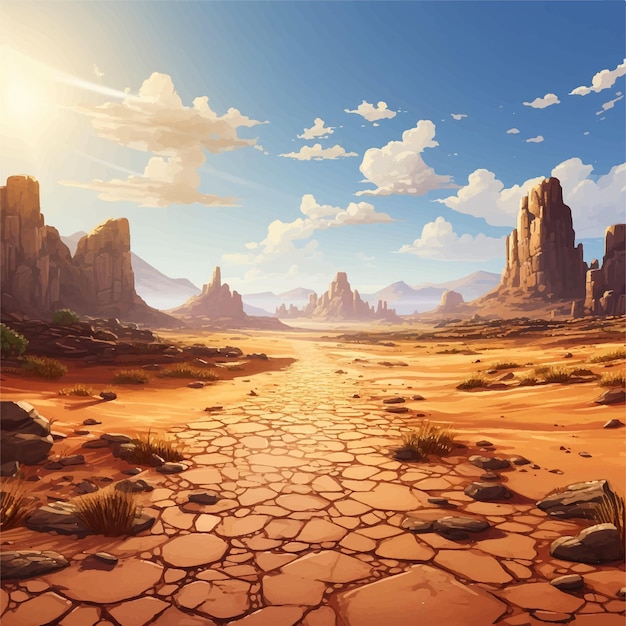 Vector a desert landscape with a road leading to the sun scene with a lone tree mountains game background