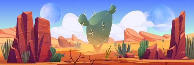 Vector desert landscape with rocks and cactuses