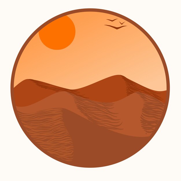 Пустынный пейзаж с солнцем и песчаным векторным фоном с драматическими дюнами пустыни и закатом