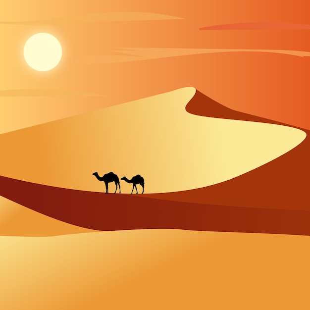 Vector desert mountain and camels