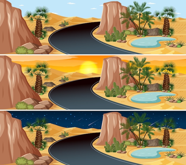 Vector desert nature landscape scene at different times of day