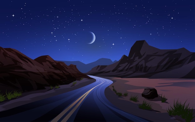 Illustrazione del paesaggio notturno del deserto con strada tortuosa