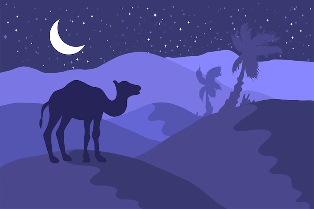 낙타 실루엣 플랫 일러스트와 함께 사막의 밤 풍경입니다. 야생 동물 최소한의 배경